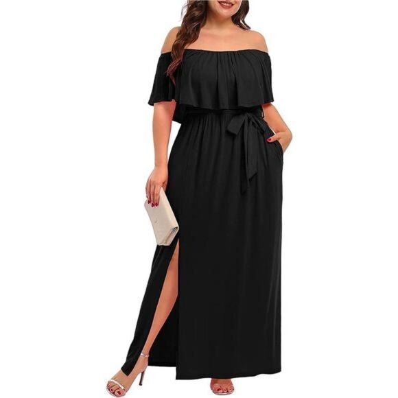 Off the Shoulder Maxi Long Casual Beach Dress with Pockets for Plus Size Women - Picture 1 of 6